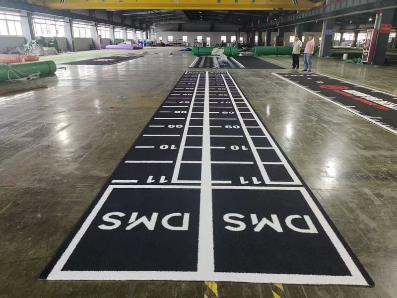 maintenance worker vacuuming turf with keywords
